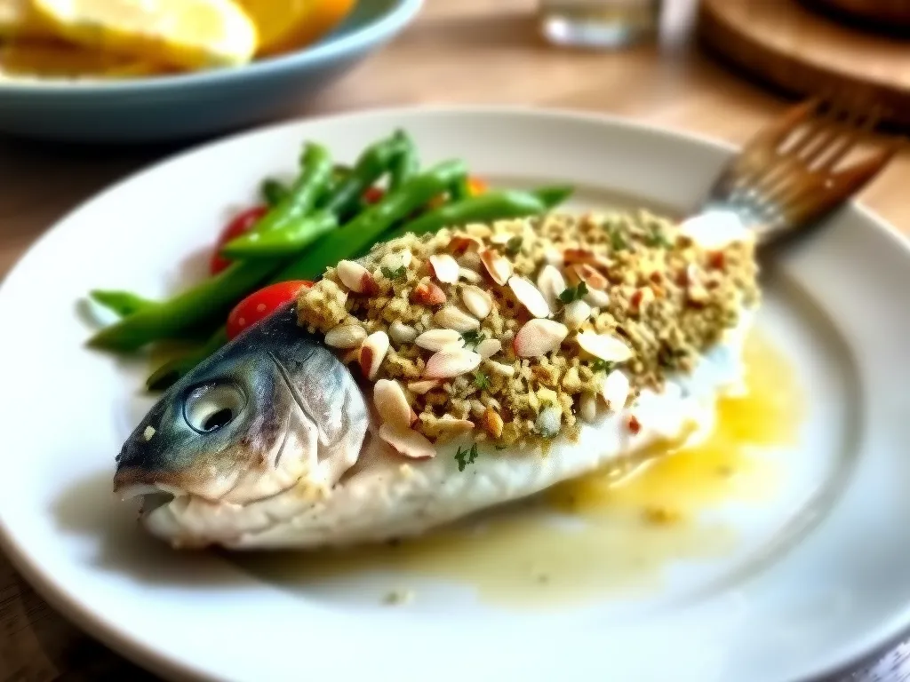 One-Pan Sea Bass with Almond Crust